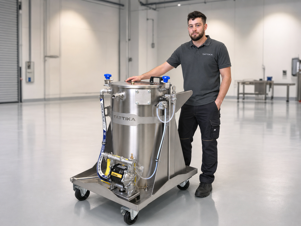 Operatore con trolley di movimentazione solventi Tattika