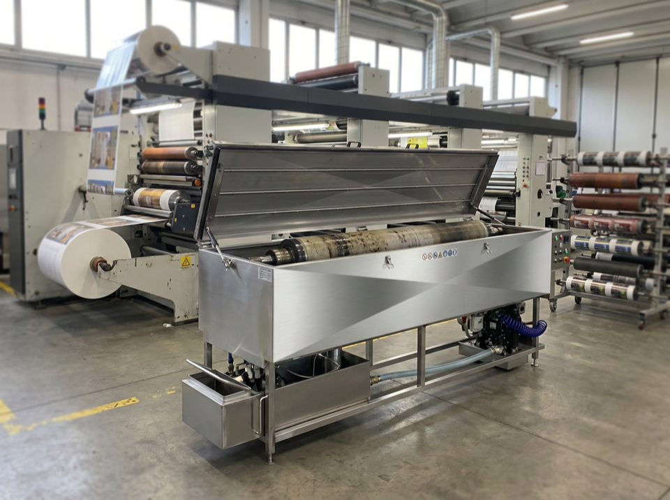 Vasca di lavaggio industriale per rulli flessografici con solvente recuperato